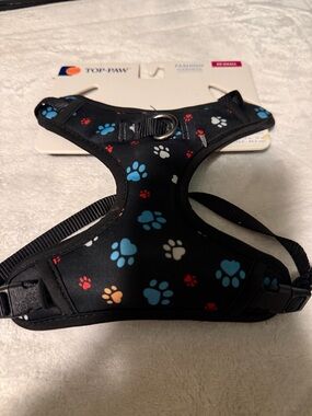 Top Paw Black Harness with Blue, White, Red & Orange Paw Prints